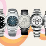 collage of watches - Tudor Black Bay 41, Patek Philippe Nautilus, F.P. Journe, Rolex Daytona, Reverso - on a swirly retro 70s background