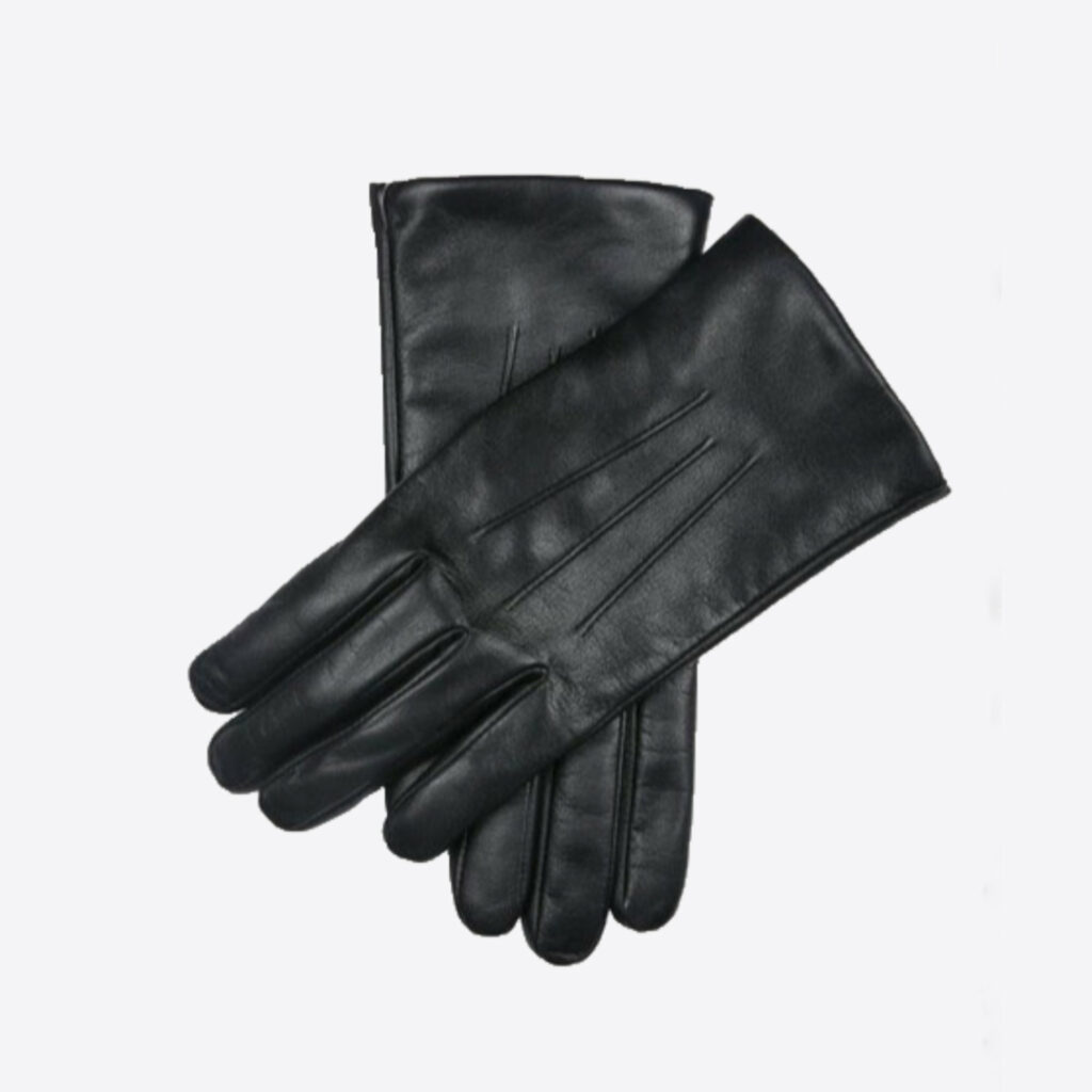 pair of black leather gloves on grey circle background