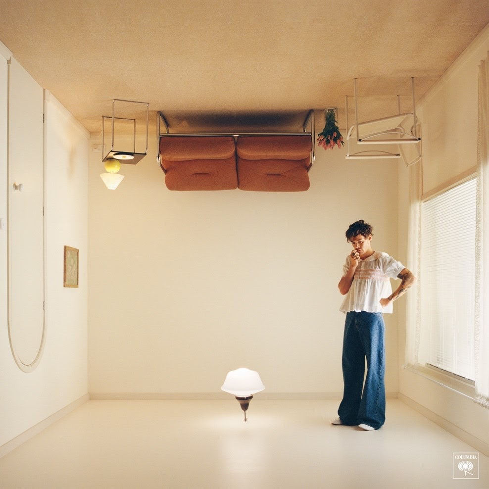 album cover of harry's styles' album "Harry's House" man standing in a room that is upside down