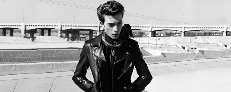 man wearing a saint laurent L01 leather biker jacket