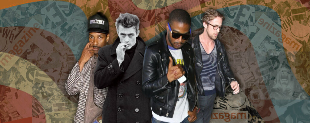 Denzel Washington, James Dean, Kid Cudi, Ryan Gosling in a collage image on a colorful background, clicks through to an article on men's style icons