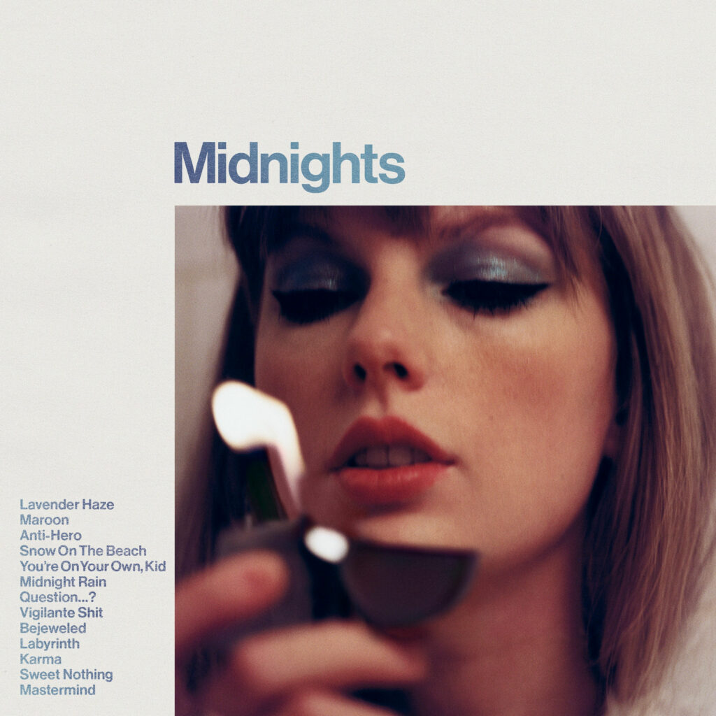 album cover of Taylor Swift's album Midnights - girl on cover with lighter