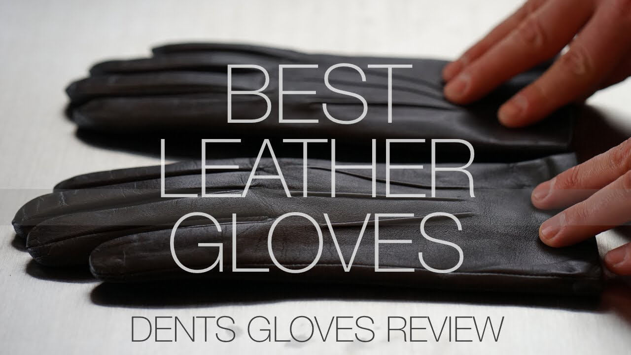 Image of a black pair of leather gloves with the text: BEST LEATHER GLOVES, DENTS GLOVES REVIEW overlaid on the image. image clicks through to review by RadialTV youtube channel for Dents brand leather gloves for men