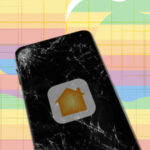 Apple iPhone with homekit logo, broken screen. Old 80s apple logo in background