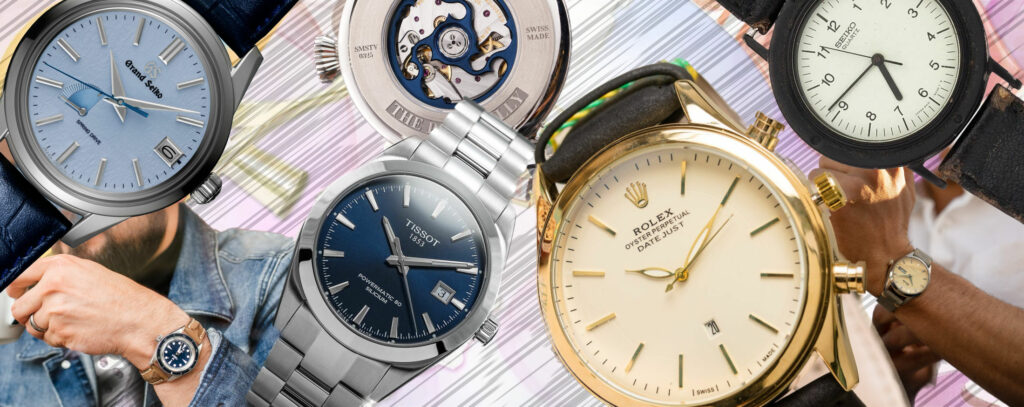 collage of various watches with a decorative background