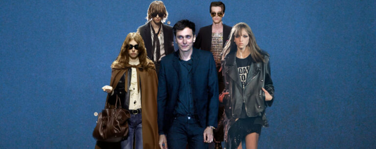 picture of Hedi Slimane with various models from different eras of Slimane's design career. This is the thumnail/header image for an article on Hedi Slimane.